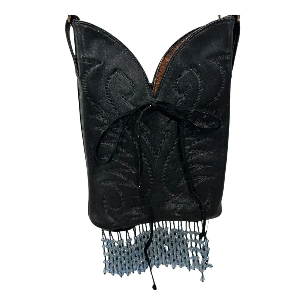 Handmade Western Cowboy Black Boot Leather Crossbody Bag Beaded Strap & Fringe